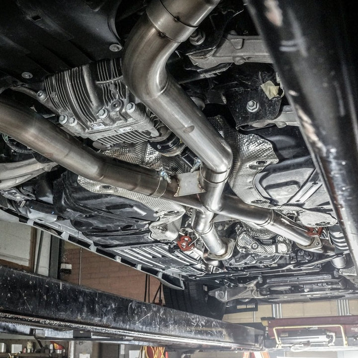 Stainless Works 2018 Jeep TrackHawk 6.2L 3in Catback System X-Pipe Turbo S-Tube Muffler Stock Exit - Bull Strap