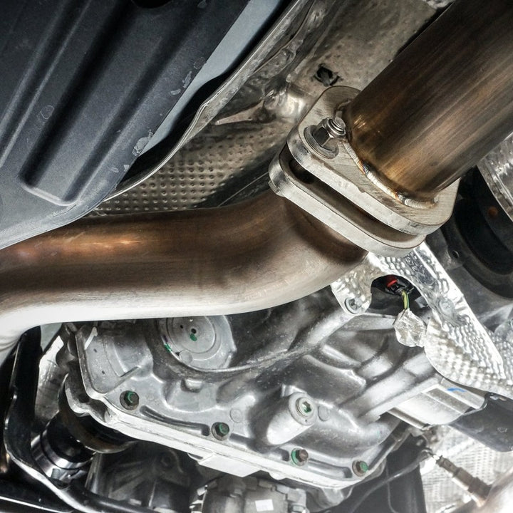 Stainless Works 2018 Jeep TrackHawk 6.2L 3in Catback System X-Pipe Turbo S-Tube Muffler Stock Exit - Bull Strap