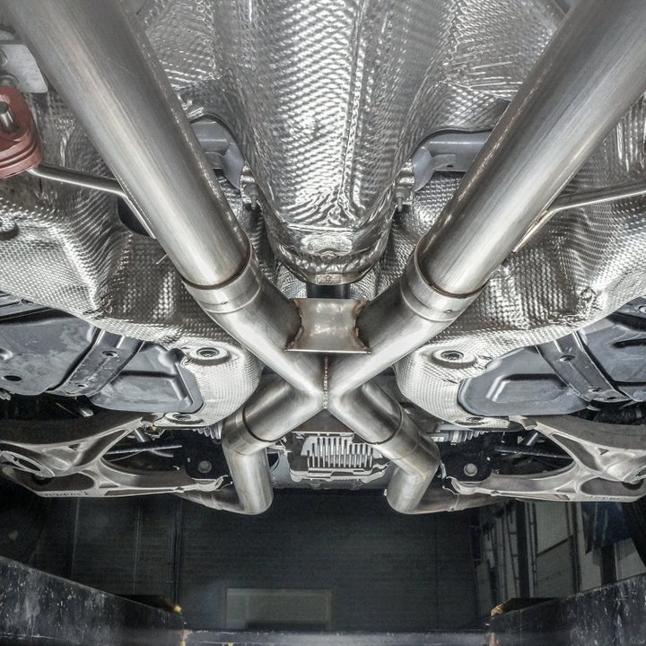 Stainless Works 2018 Jeep TrackHawk 6.2L 3in Catback System X-Pipe Turbo S-Tube Muffler Stock Exit - Bull Strap