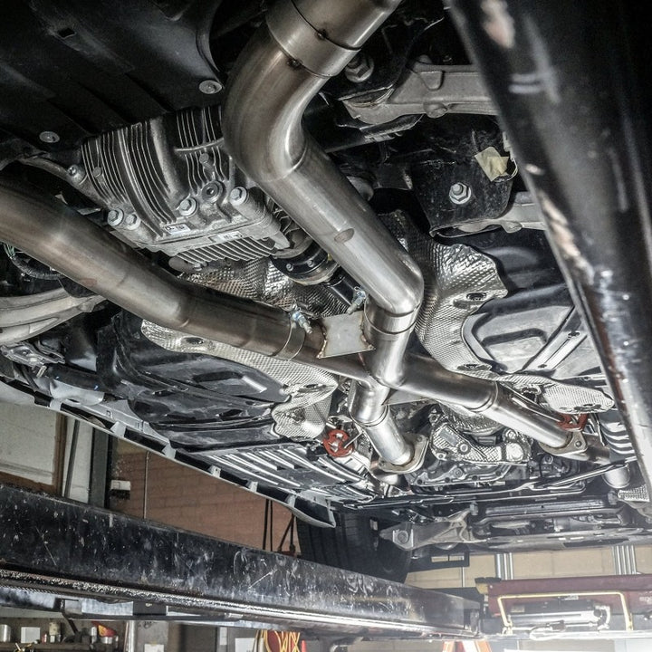 Stainless Works 2018 Jeep TrackHawk 6.2L 3in Catback System X-Pipe Turbo S-Tube Muffler Stock Exit - Bull Strap