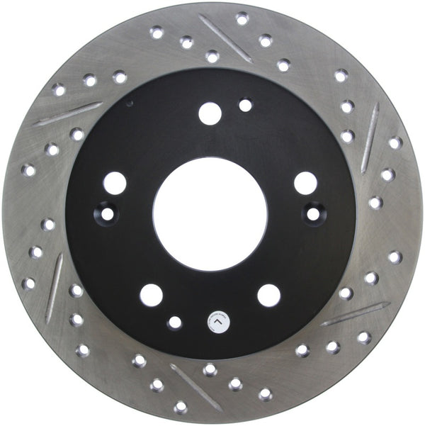 StopTech 02-06 Acura RSX Incl. Type S / 97-01 Integra Type R Slotted & Drilled Left Rear Rotor - Bull Strap