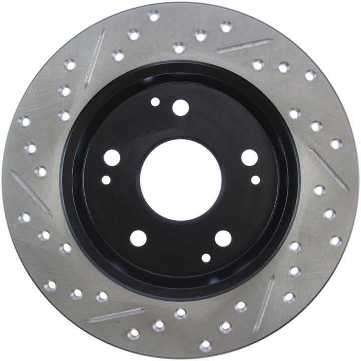 StopTech 02-06 Acura RSX Incl. Type S / 97-01 Integra Type R Slotted & Drilled Left Rear Rotor - Bull Strap