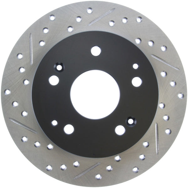 StopTech 02-06 Acura RSX Incl. Type S / 97-01 Integra Type R Slotted & Drilled Right Rear Rotor - Bull Strap