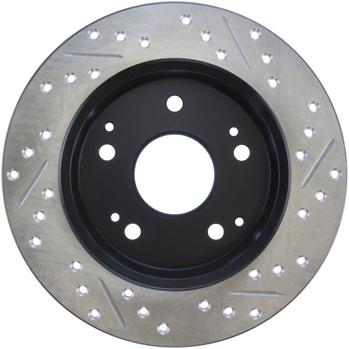 StopTech 02-06 Acura RSX Incl. Type S / 97-01 Integra Type R Slotted & Drilled Right Rear Rotor - Bull Strap