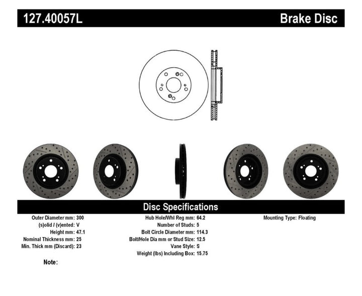 StopTech 02-06 Acura RSX Type S / 06-09 Honda Civic Si Slotted & Drilled Left Front Rotor - Bull Strap