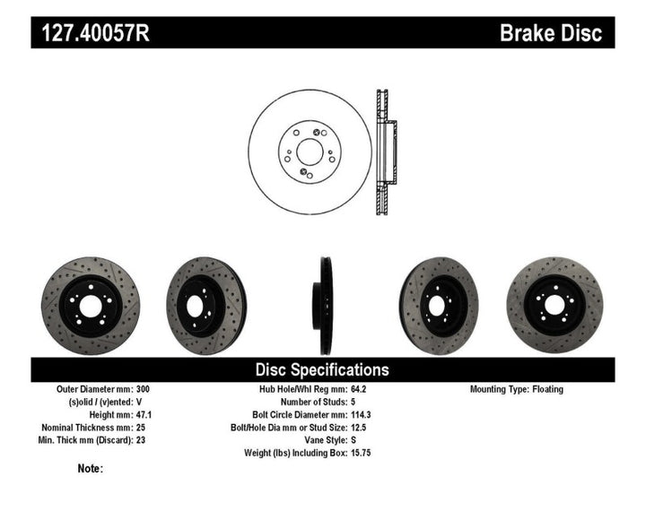 StopTech 02-06 Acura RSX Type S / 06-09 Honda Civic Si Slotted & Drilled Right Front Rotor - Bull Strap