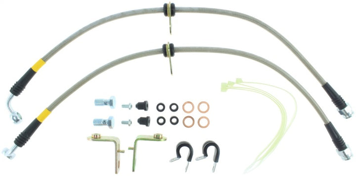 StopTech 05-08 Mustang V6 w/ABS / Mustang GT V8 / 07-09 GT500 Stainless Steel Front Brake Lines - Bull Strap