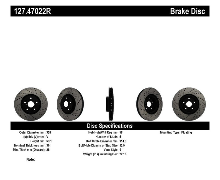 StopTech 05-10 Subaru Impreza WRX/STi Slotted & Drilled Right Front Rotor - Bull Strap