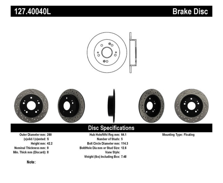 StopTech 06-09 Honda Civic Ex/Si Slotted & Drilled Left Rear Rotor - Bull Strap