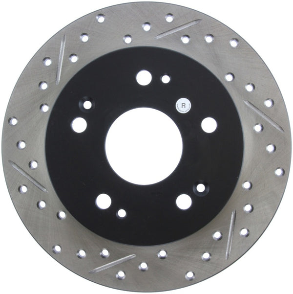 StopTech 06-09 Honda Civic Ex/Si Slotted & Drilled Right Rear Rotor - Bull Strap