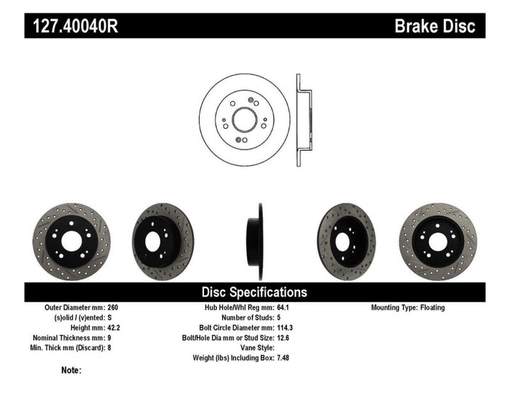 StopTech 06-09 Honda Civic Ex/Si Slotted & Drilled Right Rear Rotor - Bull Strap
