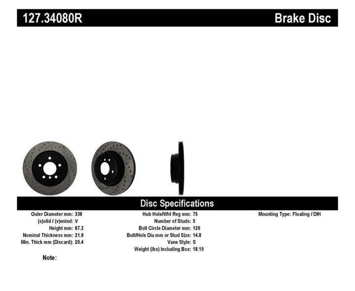StopTech 06 BMW 330 / 07-09 BMW 335 Slotted & Drilled Right Rear Rotor - Bull Strap