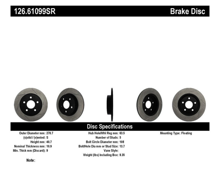 StopTech 13 Ford Focus ST Slotted Right Rear Rotor - Bull Strap