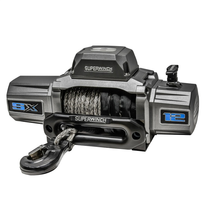 Superwinch 12000 LBS 12V DC 3/8in x 80ft Synthetic Rope SX 12000SR Winch - Graphite - Bull Strap
