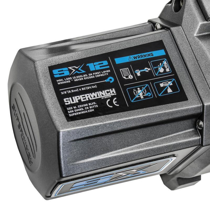 Superwinch 12000 LBS 12V DC 3/8in x 80ft Synthetic Rope SX 12000SR Winch - Graphite - Bull Strap