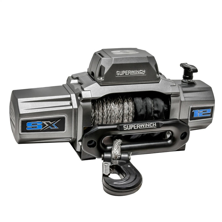 Superwinch 12000 LBS 12V DC 3/8in x 80ft Synthetic Rope SX 12000SR Winch - Graphite - Bull Strap