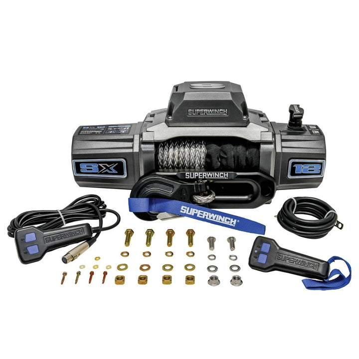 Superwinch 12000 LBS 12V DC 3/8in x 80ft Synthetic Rope SX 12000SR Winch - Graphite - Bull Strap