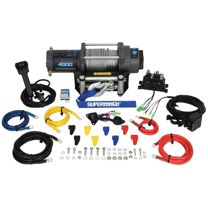 Superwinch 4500 LBS 12V DC 15/64in x 50ft Steel Rope Terra 4500 Winch - Gray Wrinkle - Bull Strap