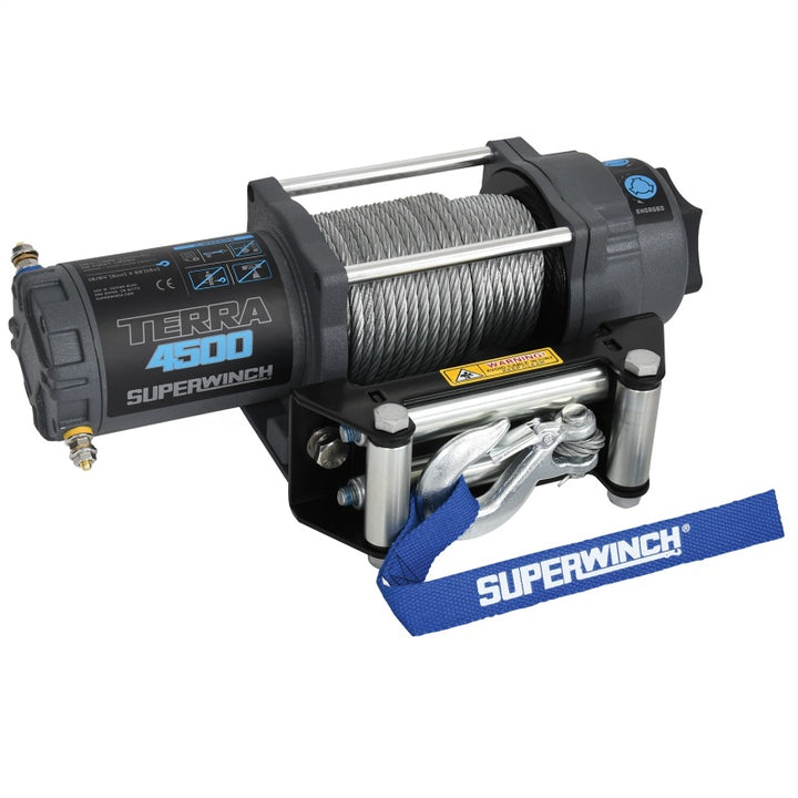 Superwinch 4500 LBS 12V DC 15/64in x 50ft Steel Rope Terra 4500 Winch - Gray Wrinkle - Bull Strap