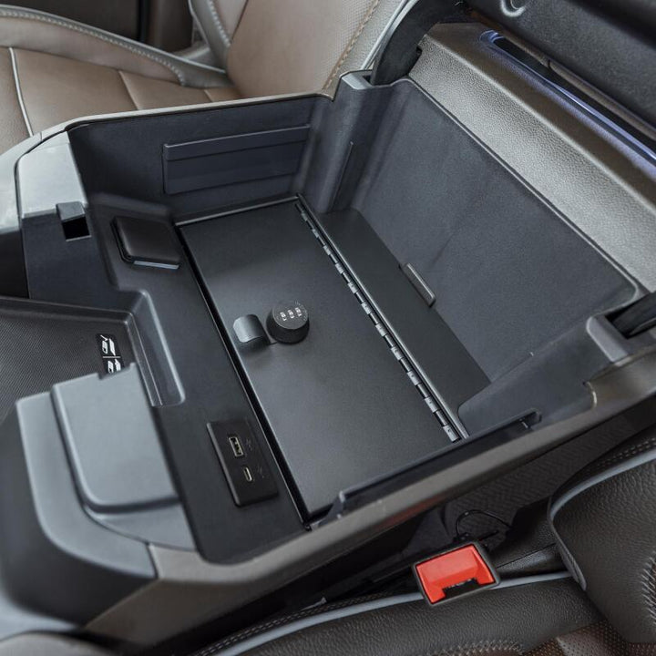 Tuffy Console Safe W/ Combo Lock For Chevrolet Silverado W/ Wireless Charging Pad Console - Bull Strap