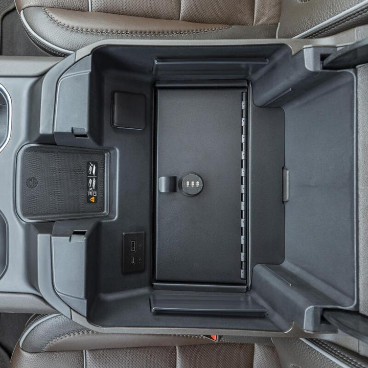 Tuffy Console Safe W/ Combo Lock For Chevrolet Silverado W/ Wireless Charging Pad Console - Bull Strap