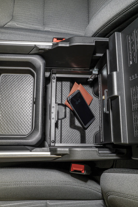 Tuffy Console Safe W/ Keyed Lock For Ram Trucks W/ Sliding Tray Console - Bull Strap