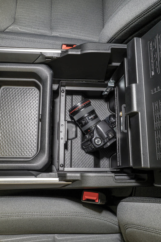 Tuffy Console Safe W/ Keyed Lock For Ram Trucks W/ Sliding Tray Console - Bull Strap