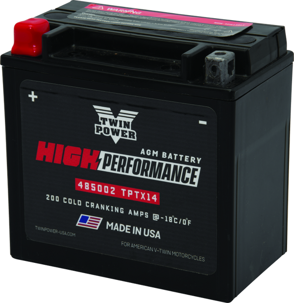 Twin Power YTX14 High Performance Battery Replaces H-D 65948-00 Made in USA 200 CCA - Bull Strap