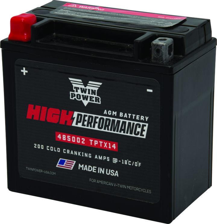 Twin Power YTX14 High Performance Battery Replaces H-D 65948-00 Made in USA 200 CCA - Bull Strap
