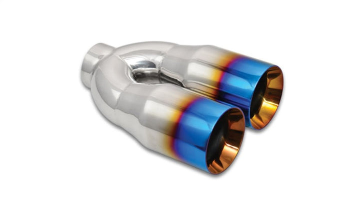 Vibrant 2.5in ID Dual 3.5in OD Round SS Tips (Double Wall, Straight Cut) with Burnt Blue Finish - Bull Strap