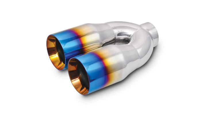 Vibrant 2.5in ID Dual 3.5in OD Round SS Tips (Double Wall, Straight Cut) with Burnt Blue Finish - Bull Strap