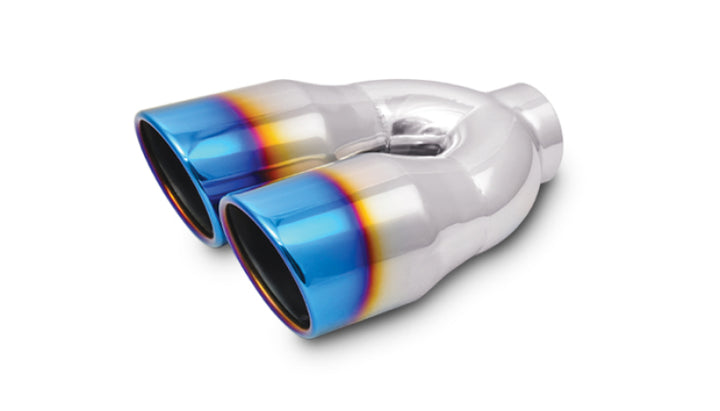 Vibrant 2.5in ID Dual 3.5in OD Round SS Tips (Single Wall Angle Cut) w/Burnt Blue Finish - Bull Strap