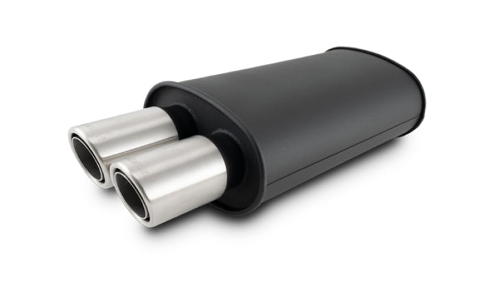 Vibrant STREETPOWER Blk Oval Muffler w/Dual Center Tip 3in Inlet ID 3in Tip OD 9in x 5in x 15in - Bull Strap