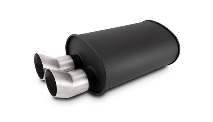 Vibrant Streetpower Flat Blk Muffler 9.5x6.75x15in Body 2.5in Inlet ID 3in Tip OD w/Dual DTM Tips - Bull Strap
