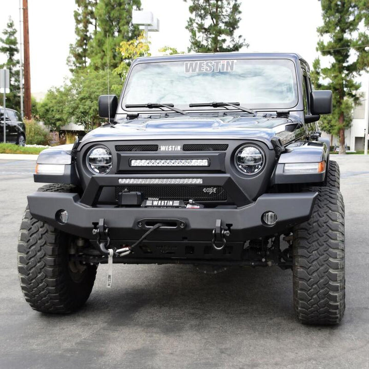 Westin 18-20 Jeep Wrangler WJ2 Full Width Front Bumper w/LED Light Bar Mount Textured Black - Bull Strap
