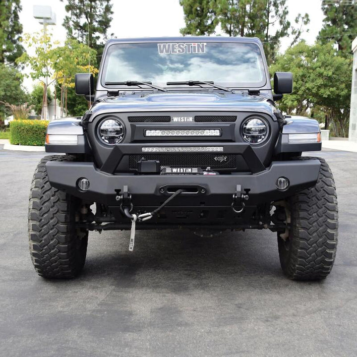 Westin 18-20 Jeep Wrangler WJ2 Full Width Front Bumper w/LED Light Bar Mount Textured Black - Bull Strap