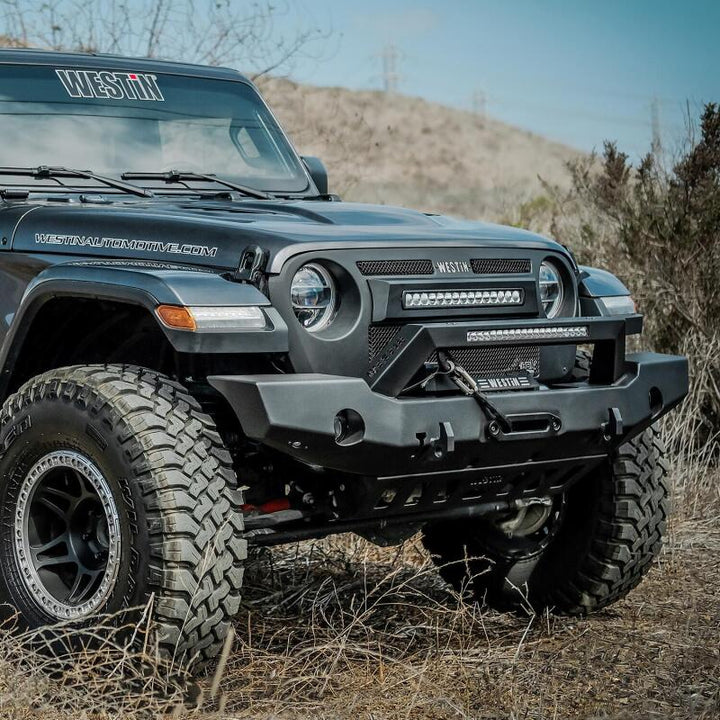 Westin 18-20 Jeep Wrangler WJ2 Full Width Front Bumper w/LED Light Bar Mount Textured Black - Bull Strap
