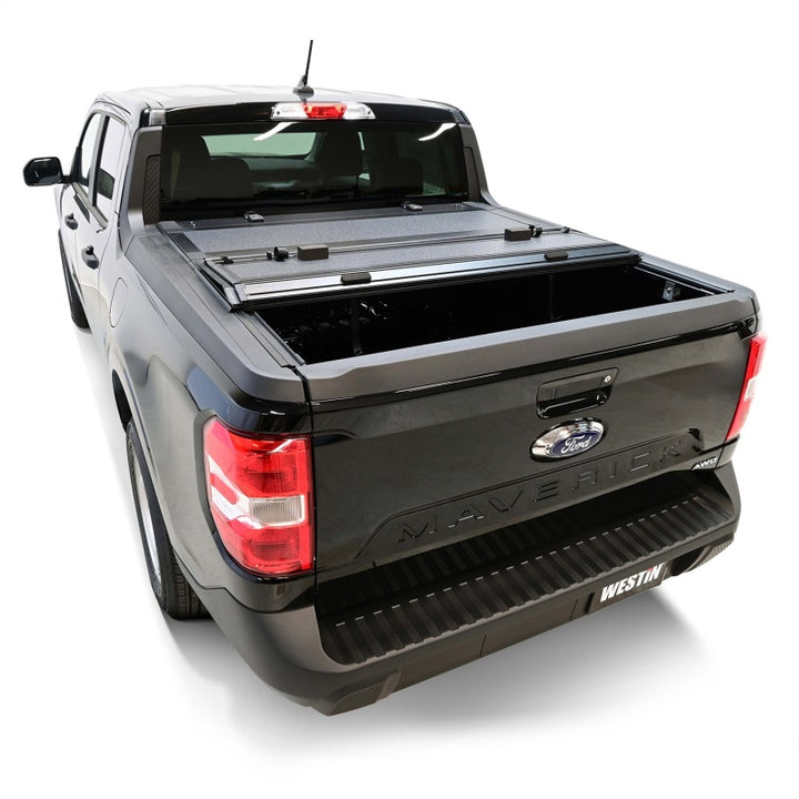 Westin 22-26 Ford Maverick 4WD 4ft. 6in. Bed Hard Tri-Fold Tonneau Cover - Black - Bull Strap