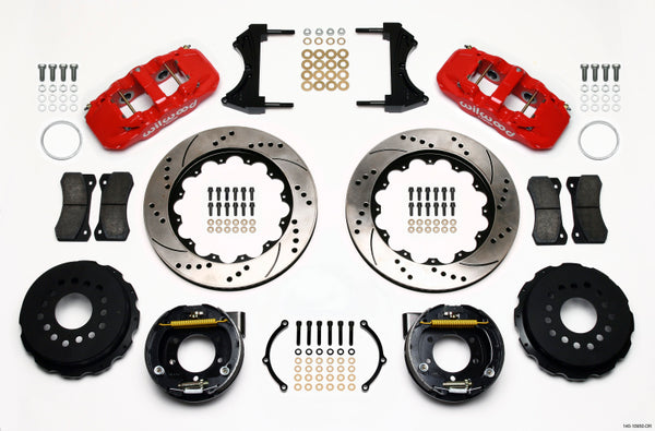 Wilwood AERO4 Rear P-Brake Kit 14.00in Drill Red 2005-2014 Mustang - Bull Strap