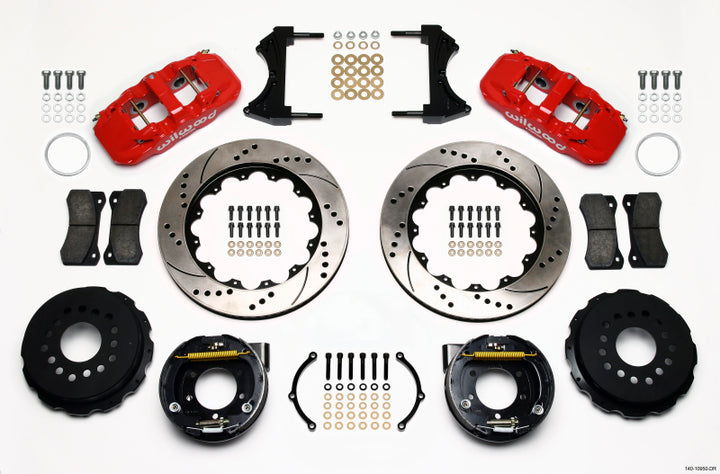 Wilwood AERO4 Rear P-Brake Kit 14.00in Drill Red 2005-2014 Mustang - Bull Strap