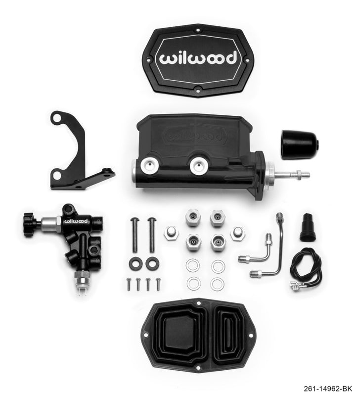 Wilwood Compact Tandem M/C - 15/16in Bore - w/Bracket and Valve (Pushrod) - Black - Bull Strap