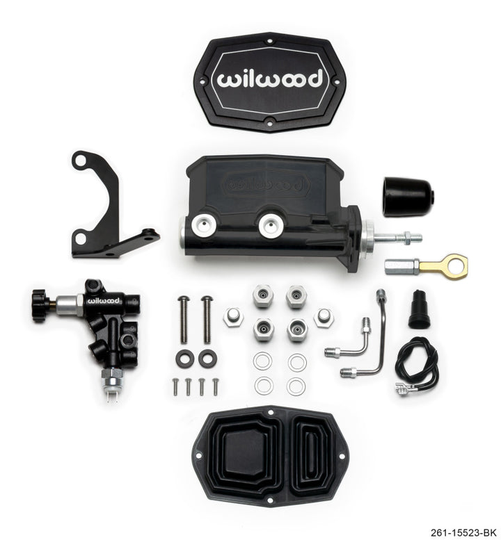 Wilwood Compact Tandem M/C - 15/16in Bore w/Bracket and Valve fits Mustang (Pushrod) - Black - Bull Strap