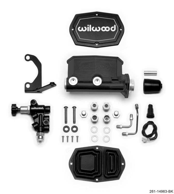 Wilwood Compact Tandem M/C - 1in Bore - w/Bracket and Valve (Pushrod) - Black - Bull Strap