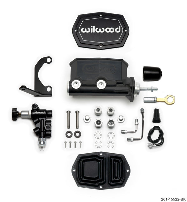 Wilwood Compact Tandem M/C - 7/8in Bore w/Bracket and Valve fits Mustang (Pushrod) - Black - Bull Strap