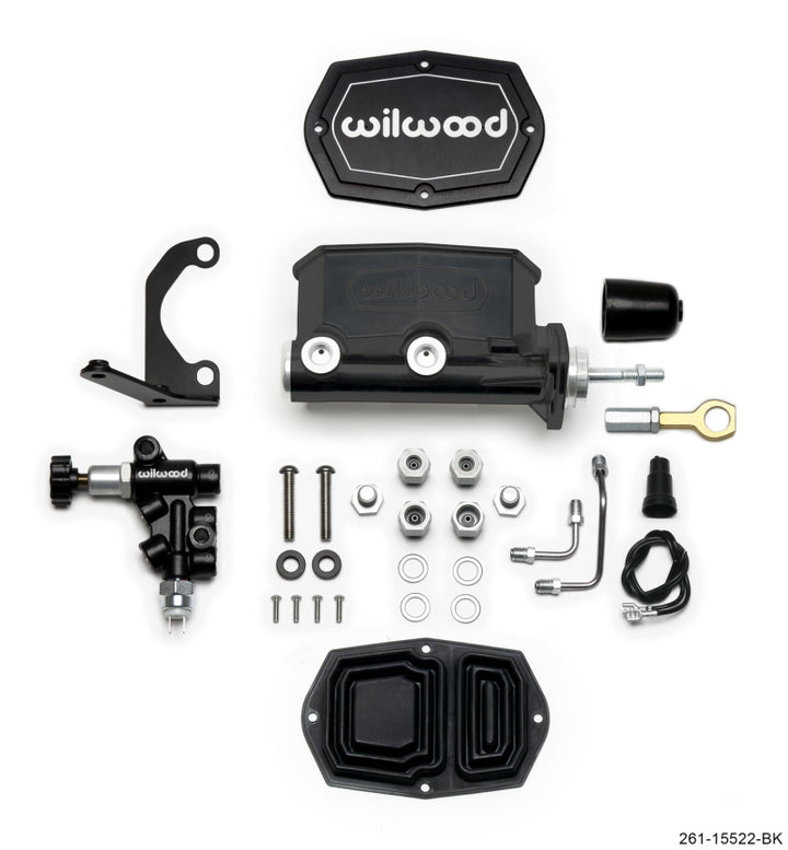 Wilwood Compact Tandem M/C - 7/8in Bore w/Bracket and Valve fits Mustang (Pushrod) - Black - Bull Strap