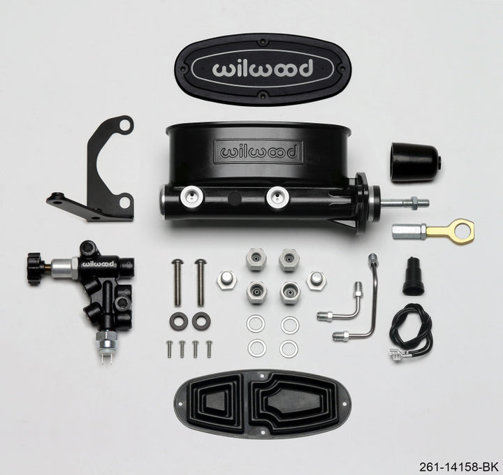 Wilwood HV Tandem M/C Kit w L/H Bracket & Prop Valve - 15/16in Bore Black-W/Push. - Early Mustang - Bull Strap