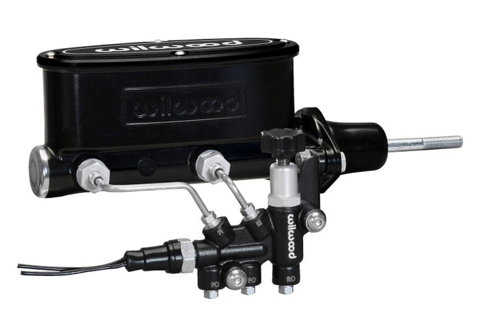 Wilwood HV Tandem M/C Kit w L/H Bracket & Prop Valve - 15/16in Bore Black-W/Pushrod - Bull Strap