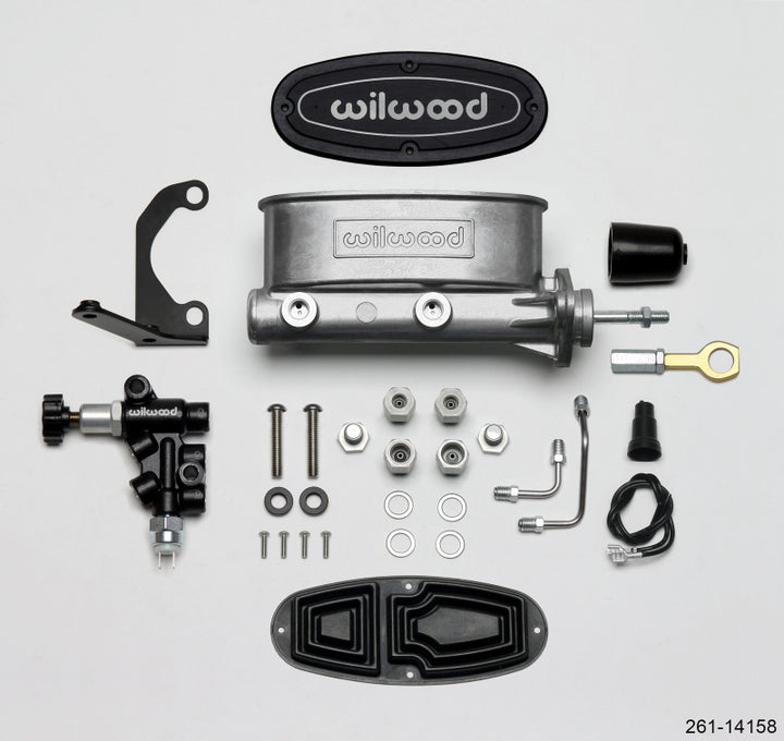 Wilwood HV Tandem M/C Kit w L/H Bracket & Prop Valve - 15/16in Bore-W/Pushrod - Early Mustang - Bull Strap