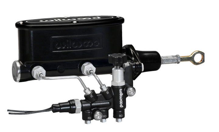 Wilwood HV Tandem M/C Kit w L/H Bracket & Prop Valve - 7/8in Bore Black-W/Push. - Early Mustang - Bull Strap