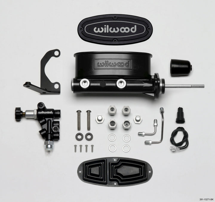 Wilwood HV Tandem M/C Kit w L/H Bracket & Prop Valve - 7/8in Bore Black-W/Pushrod - Bull Strap